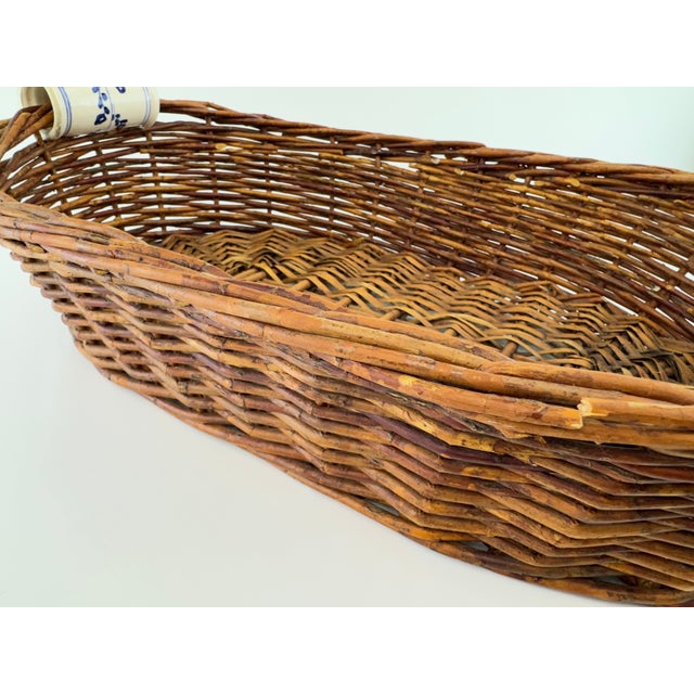 Blue Vintage Woven Wicker Basket With Blue & White Porcelain Handles For Sale - Image 8 of 11