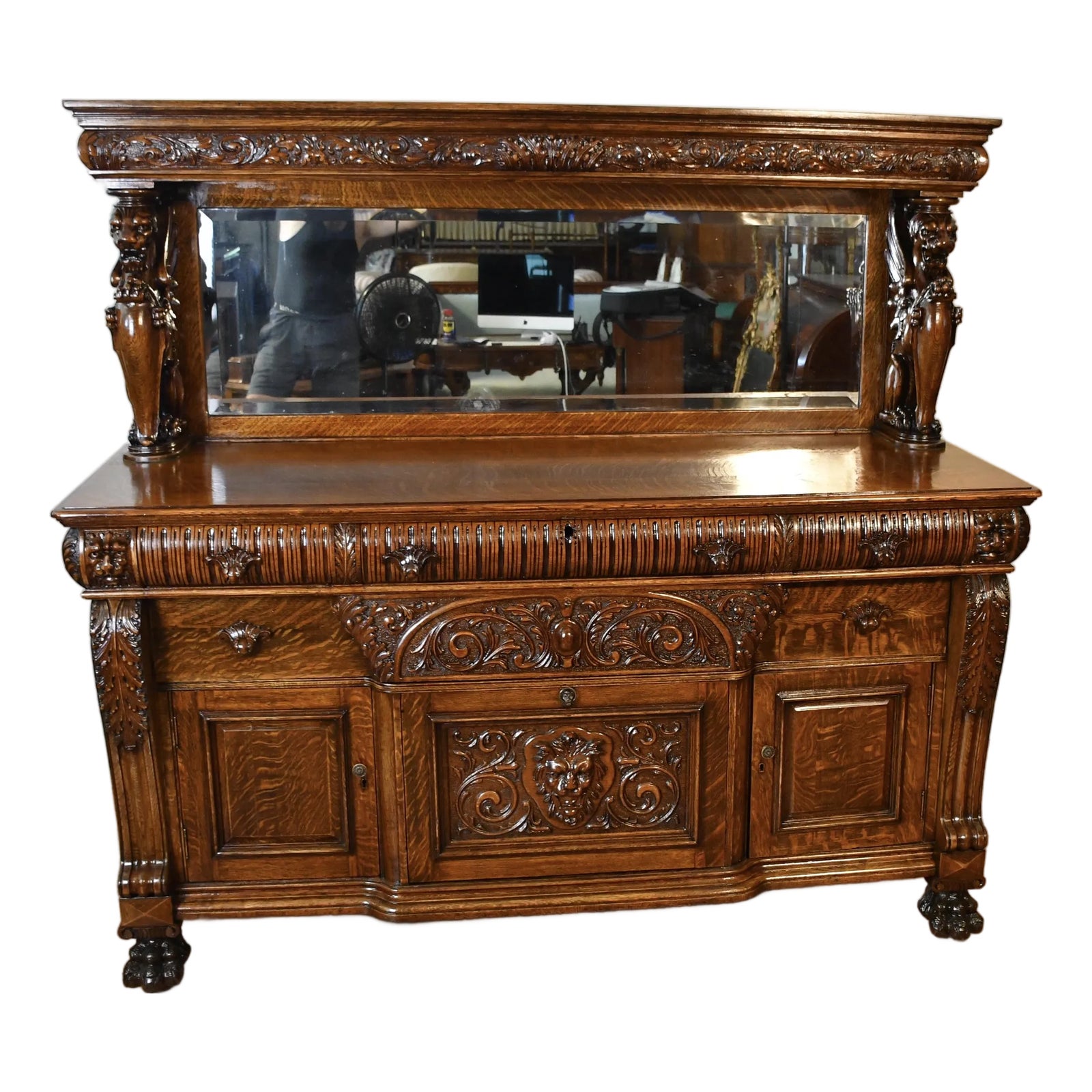 1890s Antique Rj Horner Tiger Oak Carved Winged Griffin Server