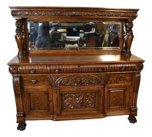 1890s Antique Rj Horner Tiger Oak Carved Winged Griffin Server Buffet Sideboard