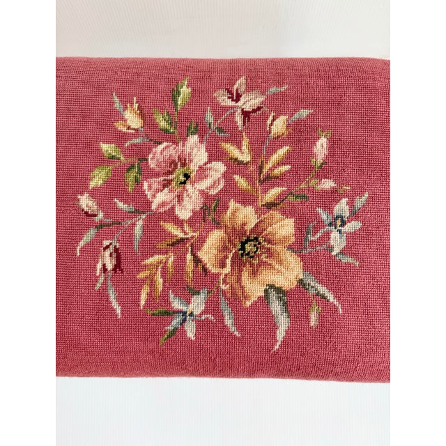 Vintage Large Floral Needlepoint Footstool Ottoman With Wood and Brass Clawfeet For Sale - Image 4 of 12