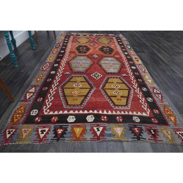 1970s Vintage Handmade Wool Cotton Red Kilim Runner Rug For Sale In San Francisco - Image 6 of 11