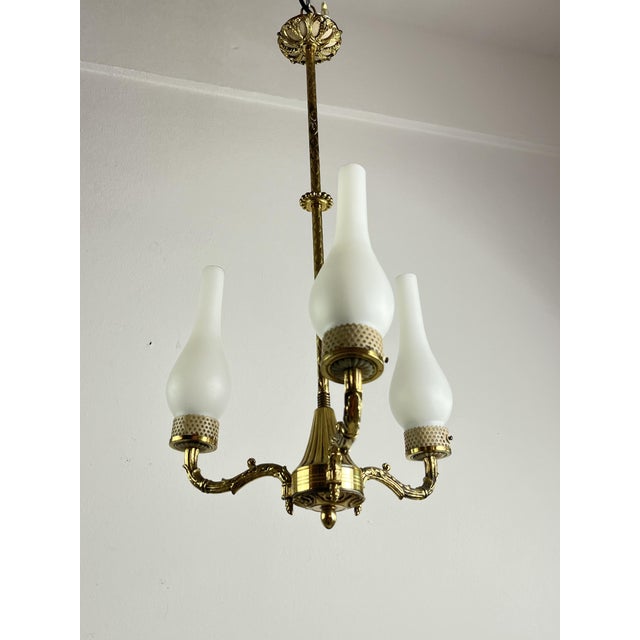 Stilnovo Mid-Century 3-Light Chandelier in Brass and Opaline Glass in the style of Stilnovo, 1950s For Sale - Image 4 of 12