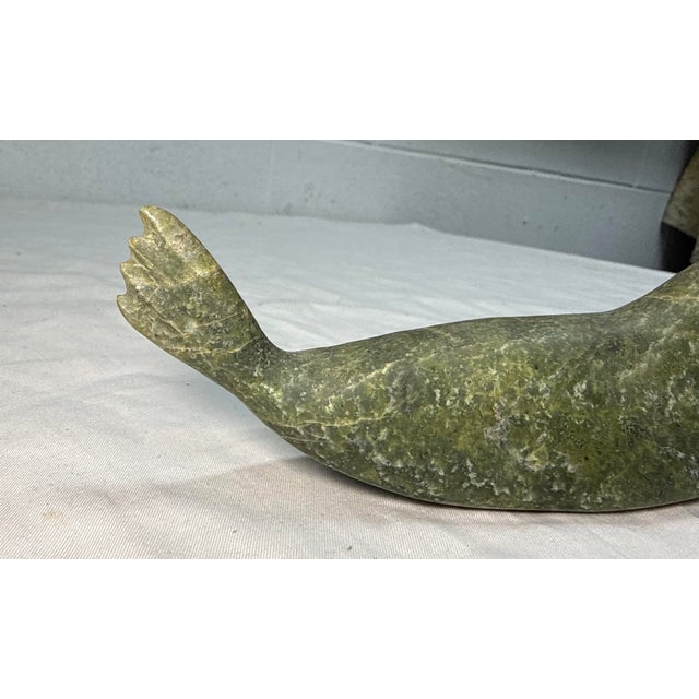 1930s Antique Signed Carved Green Soapstone Canadian Seal Eskimo Sculpture Inuit For Sale - Image 5 of 11