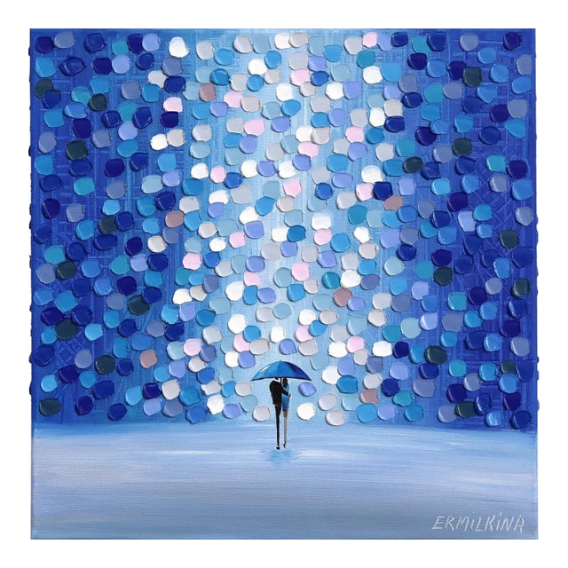 Two in the Blue Rain - Original Figurative Textured Impasto Painting on Canvas by Ekaterina Ermilkina For Sale