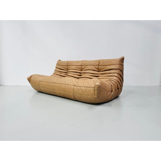 Ligne Roset French Togo 3-Seater Sofa in Camel Leather attributed to Michel Ducaroy for Ligne Roset For Sale - Image 4 of 11