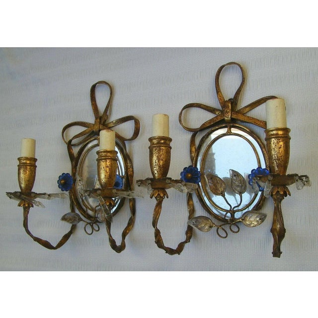 C1940's Hollywood Regency Attribution to Maison Bagues Gilt Tole With Crystal Mirror Back Wall Sconces - a Pair For Sale - Image 10 of 10