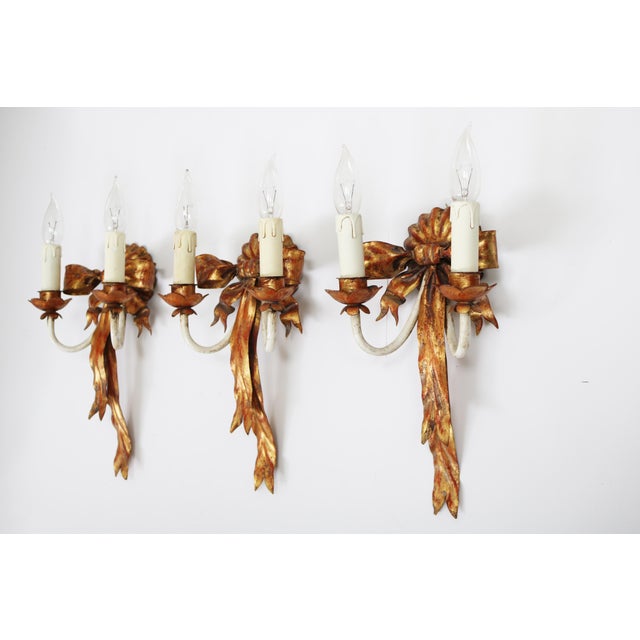 Hollywood Regency 3 Florentine Wall Lamps Set of 3 Made in Italy 1970s Height 40.5 cm Width 19 cm Depth 12 cm Each with 2...