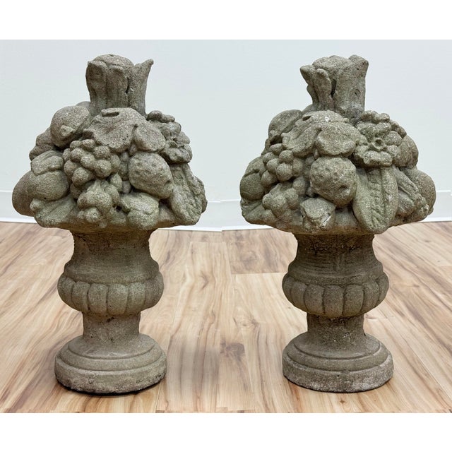 Beautiful pair of mid 20th C concrete estate garden basket or cornucopia decorations with a Della Robbia arrangement of...