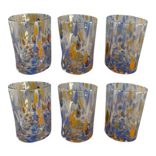 Murano Hand-Made Glass Tumbler With Blue and Orange Confetti Pattern- Set 6 For Sale