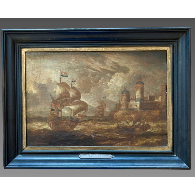 Peter Van Den Velde, Flemish Ship Off a Fort, 17th Century, Oil on Canvas For Sale - Image 4 of 4