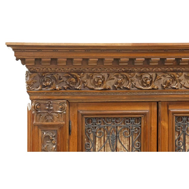 Traditional Antique Bookcase,Italian Renaissance Revival, Carved Walnut, Iron Doors, C. 1900 For Sale - Image 3 of 6