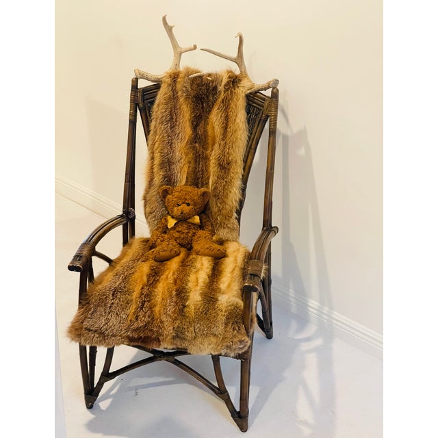 Gorgeous Adirondack bamboo armchair with real red Fox lush fur, cow horns, antlers. And antique teddy bear.