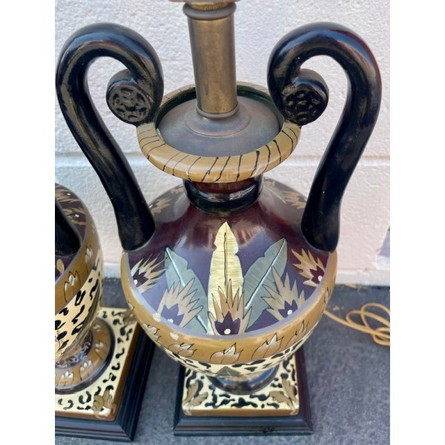 Late 20th Century Hollywood Regency Leopard & Tropical Porcelain Urn Table Lamps - a Pair For Sale - Image 4 of 5