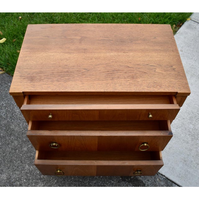 John Stuart Walnut Nightstand Mid Century Modern Vintage 3 Drawer Chest Brass For Sale - Image 15 of 15