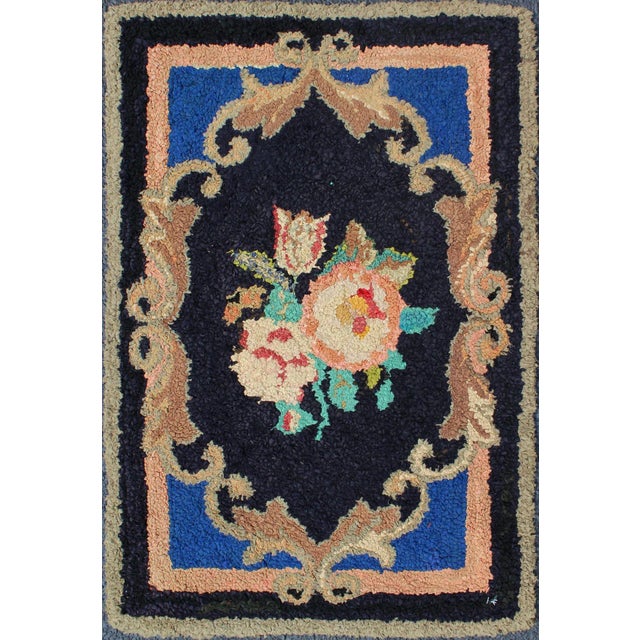 1930s American Hooked Rug With Large Floral Medallion in Black Background For Sale - Image 9 of 9