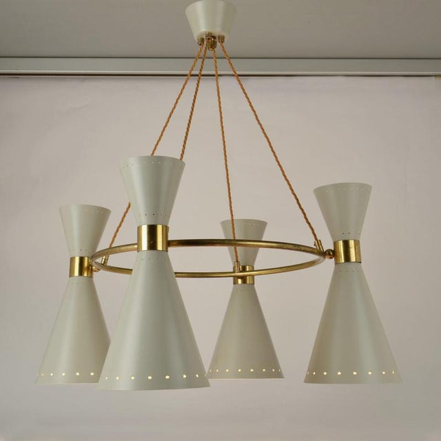 Large Hourglass Chandelier with Grey Metal Diabolo Shades on Brass Frame, 1950s For Sale - Image 17 of 18