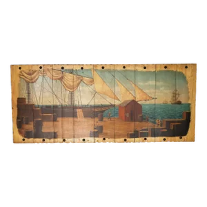 Large Oil Painting on Board of a Sailing Ship at Dock