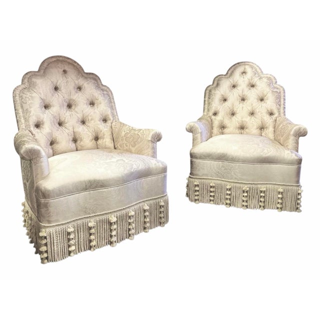 19th C Style Style Lounge Chairs Upholstered in Silk Damask W Ebanista Bullion Fringe Skirts - A Pair. Probably Ebanista.