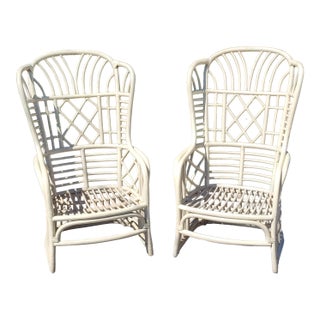 1970s Pair of Attributed Ficks Reed Rattan Wingback Chairs For Sale