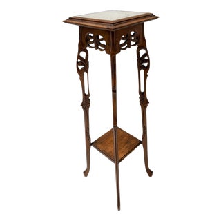Art Nouveau Pedestal Plant Stand in Hand-Carved Beech & Marble, 1900s For Sale