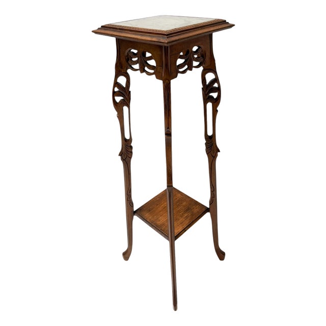 Art Nouveau Pedestal Plant Stand in Hand-Carved Beech & Marble, 1900s For Sale