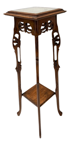 Art Nouveau Pedestal Plant Stand in Hand-Carved Beech & Marble, 1900s