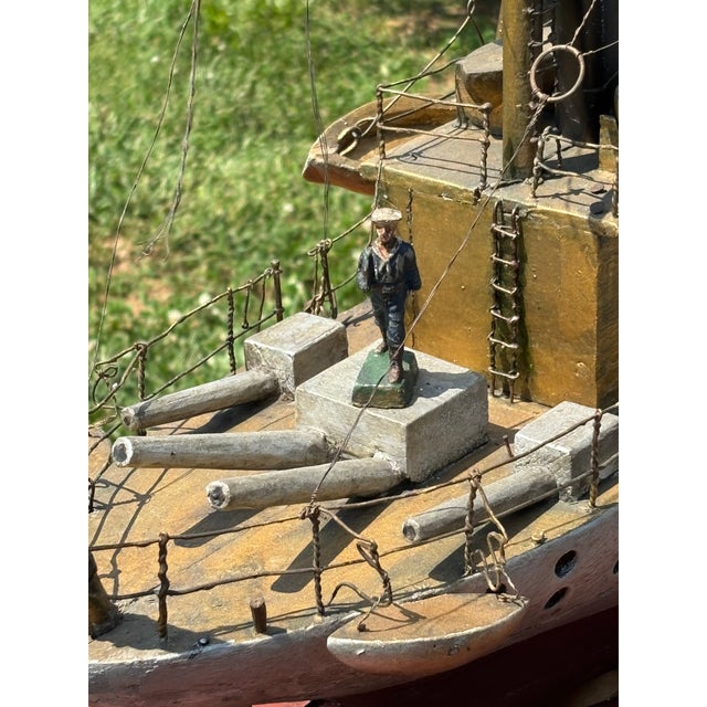 Late 19th C. American Primitive Folk Hand-Crafted Battleship Model on Base For Sale - Image 15 of 17