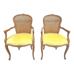 Pair Provincial Style Walnut Cane Back and Velvet Upholstered Seat Bergeres Chairs