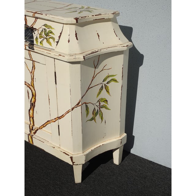 1950s Vintage French Provincial Hand Painted White Floral W Birds Credenza Side Table For Sale - Image 5 of 18