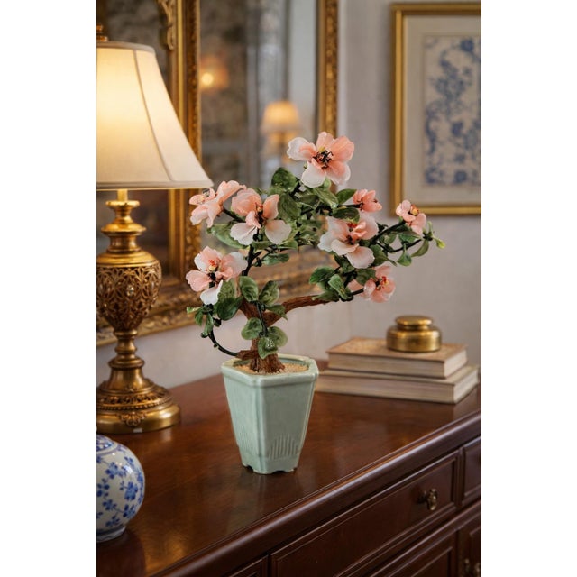 Vintage Chinese hardstone-style blossom bonsai tree with pink and white stone flowers in a celadon ceramic planter. 15”...