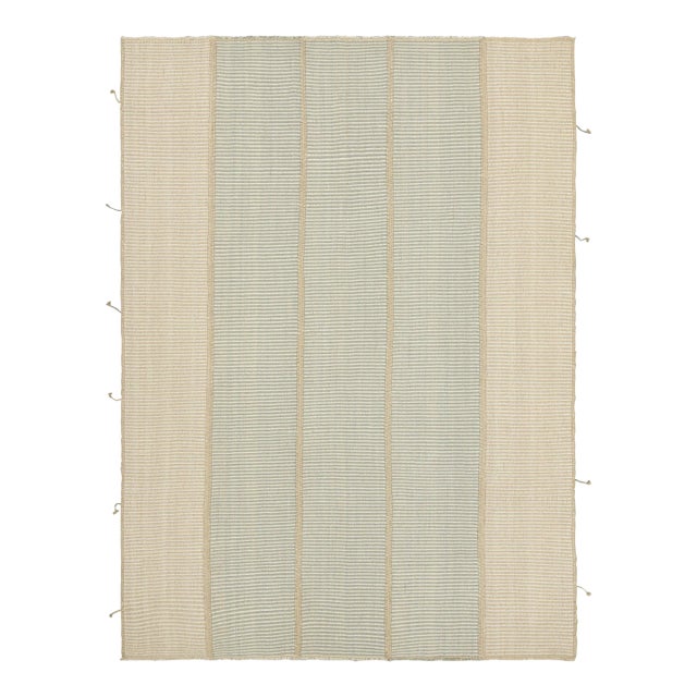 Rug & Kilim’s Contemporary Kilim in Beige and Blue Textural Stripes For Sale
