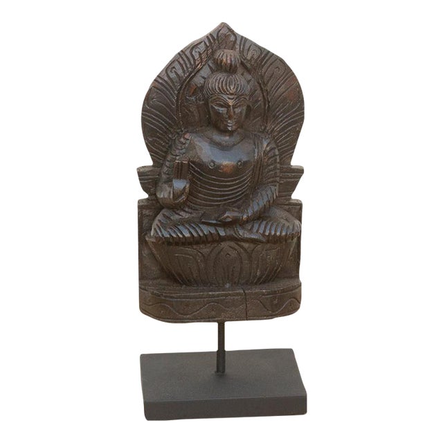 Vintage Carved Wooden Buddha on Stand For Sale
