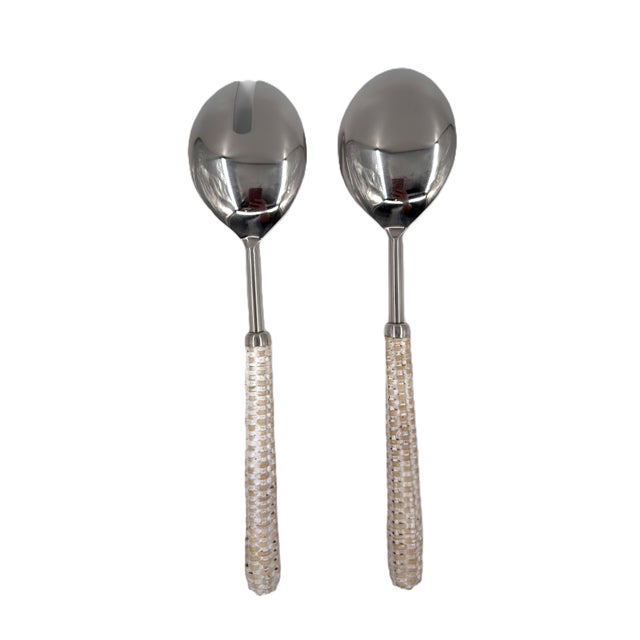 Handmade Stainless Steel & Rattan Woven Handle Salad Server Set, Handcrafted in India - 2 pcs For Sale In New York - Image 6 of 8