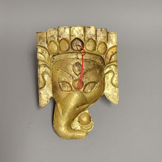 Indian Vintage Nepalese Elephant Ganesh Wall Mask With Gold Gilt, Red & Turquoise Glass Inlay For Sale - Image 3 of 7