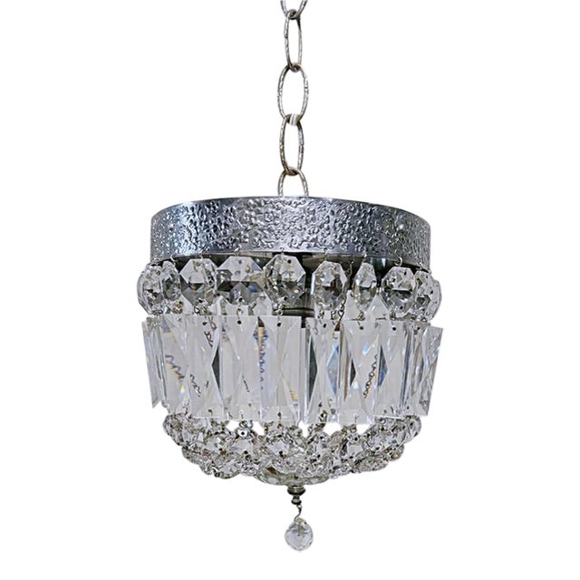 Vintage Basket Chandelier With Textured Chrome and Crystal Chain For Sale