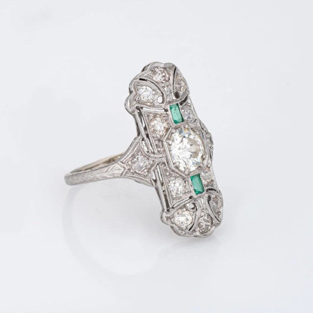 Art Deco Vintage Art Deco Emerald Diamond Ring Platinum Elongated Plaque Band size 6 For Sale - Image 3 of 8