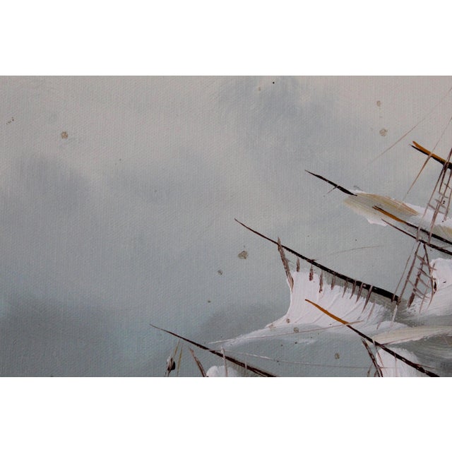 Vintage Mid-20th Century Signed Maritime Oil Painting of Tall Ship at Sea – Nautical Seascape on Canvas For Sale - Image 9 of 14