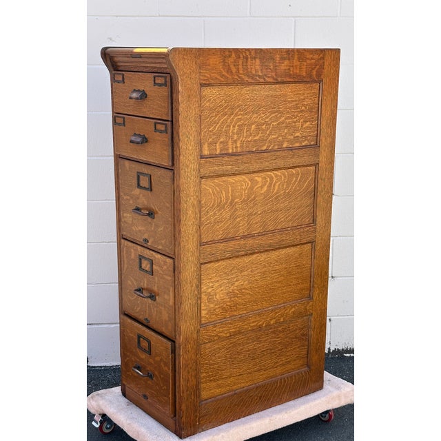 Antique Five Drawer Oak and Brass File Cabinet Yawman & Frbe MFG Co. For Sale - Image 10 of 18