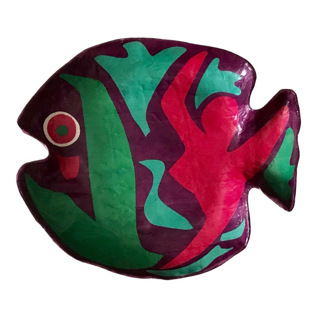 Purple and Green Papier Mache Green and Red Fish Plate For Sale