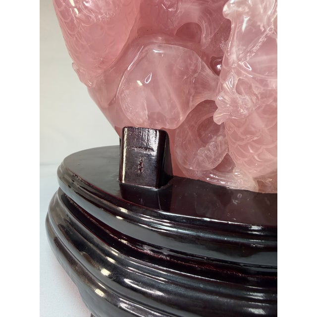 Rose Vintage Chinese Carved Rose Quartz Koi Fish & Lotus Sculpture on Wood Stand For Sale - Image 8 of 11