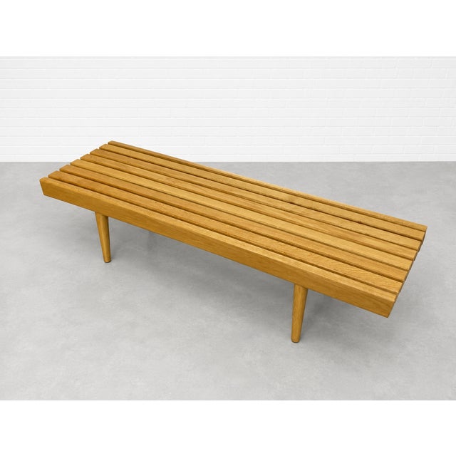 Mid Century Modern Styled Handmade Oak Slat Bench | Long Coffee Table For Sale - Image 4 of 11