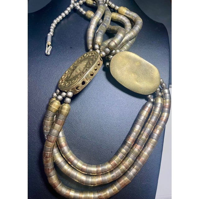 Mid 20th Century Tribal Talismanic Necklace With Hollow Body Brass Hirz Pendants and Mixed Metal Beads From Kashmir, Northern India For Sale - Image 4 of 6