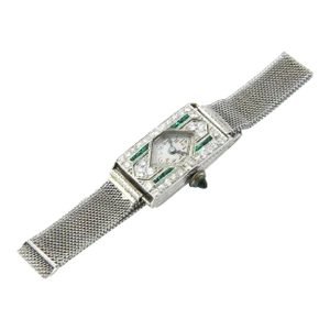 Glycine Platinum Diamond Emerald Art Deco Wristwatch