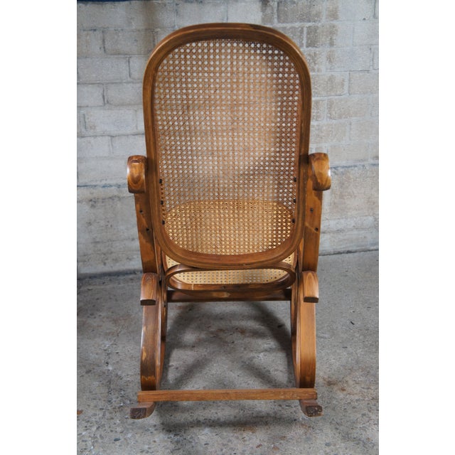 Brown Mid 20th Century Thonet Style Bentwood Walnut Rocking Chair Cane Rattan Seat Back Rocker For Sale - Image 8 of 12