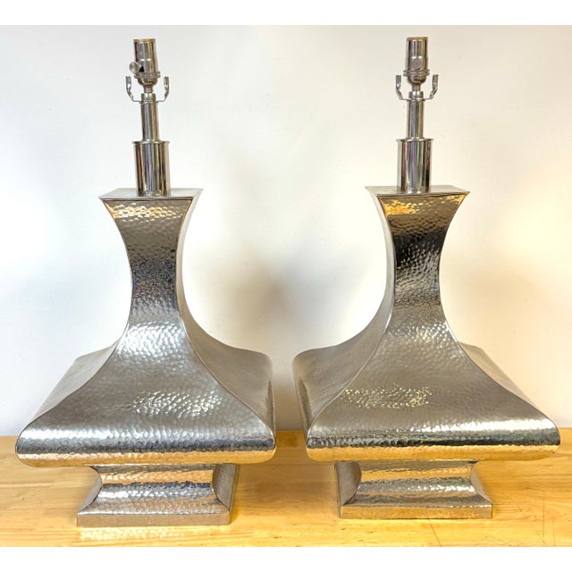 Late 20th Century Monumental Hand-Hammered Silver-Plated Modernist Table Lamps - a Pair For Sale - Image 15 of 18