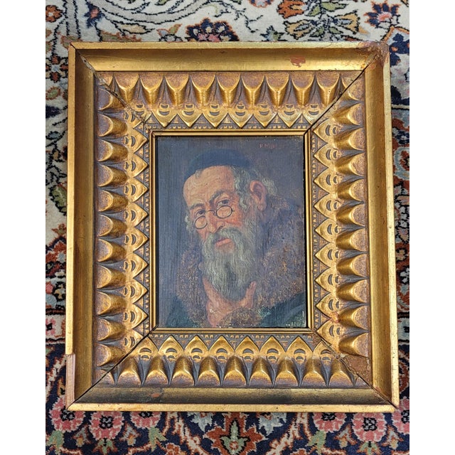 H Moser 19th C. Oil on Wood Panel Portrait of a Rabbi Mounted in a Gilt Frame For Sale - Image 9 of 9