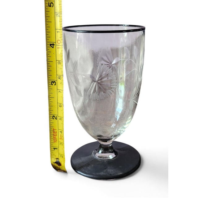 Set 5 Vintage Black Footed & Rimmed Etched Crystal Glass Stemware Juice Glasses. 1930s For Sale In New York - Image 6 of 8
