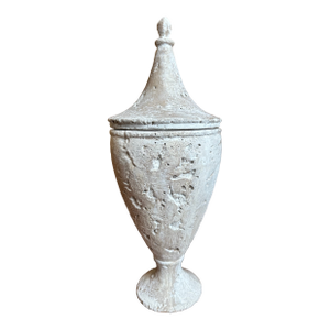Vintage 19” French Whitewash Glazed Terracotta Lidded Urn