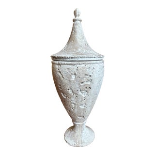 Vintage 19” French Whitewash Terracotta Lidded Urn For Sale