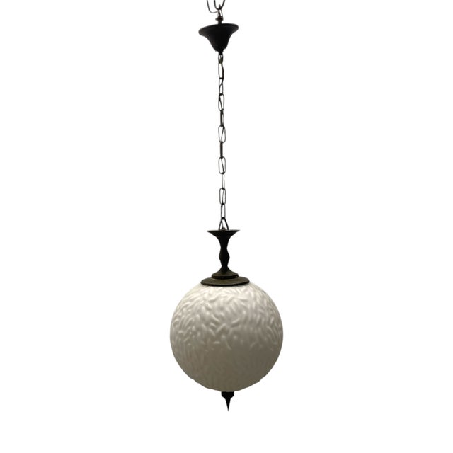 Opaline Glass Bronze Pendant Light, 1950s For Sale
